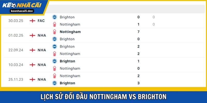 Lịch sử Nottingham Forest vs Brighton cân bằng